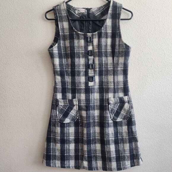 Vintage Lovers Dress Womens Medium Plaid Wool Sleeveless Mod 60s Pockets - Picture 1 of 9